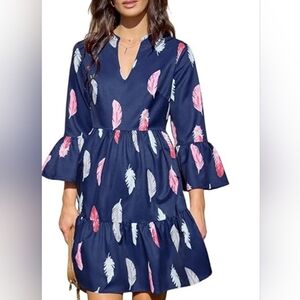 Navy Feather Print Dress